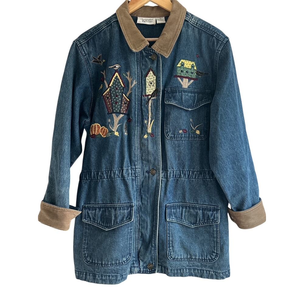 VTG Christopher & Banks Medium Cotton Denim Corduroy Embroidery‎ Chore Jacket